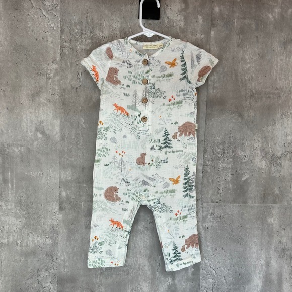 Elegant Baby Organics Other - Elegant Baby Organics Woodland Muslin Romper 6-9M White Forest Print Bear Fox